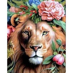 Алмазна мозаїка "Лев у квітковій короні" 40х50 см