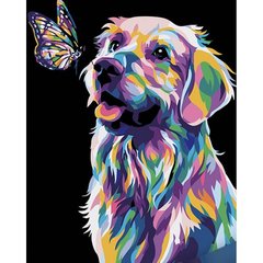 Картина по номерам на черном фоне "Поп-арт собака с бабочкой" 40х50 Strateg Украина