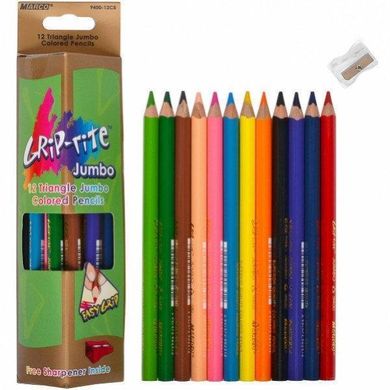 Олівці для малювання 12 кольорів трикутні Jumbo з точила, Grip-Rite, Marco