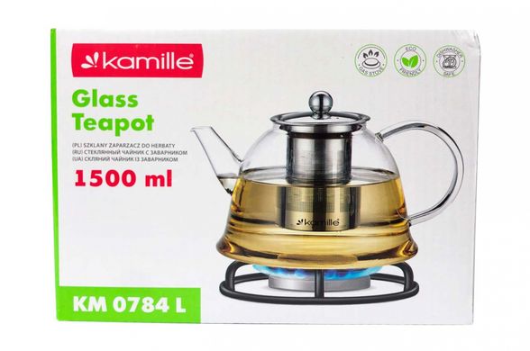 Чайник скляний вогнетривкий Kamille - 1500мл із заварником (0784L)