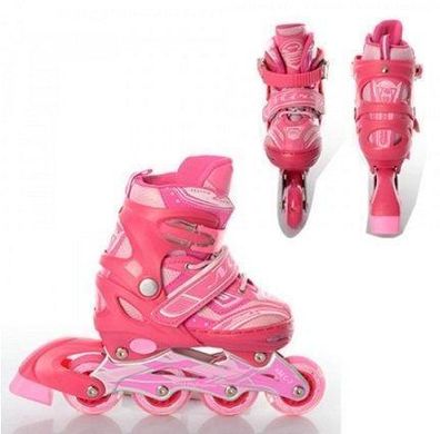 Ролики для девочки A7084-M, 35-38 размер, свет раздвижные, алюминевая рама, колеса ПУ70мм, подошва ABEC-9 Розовые