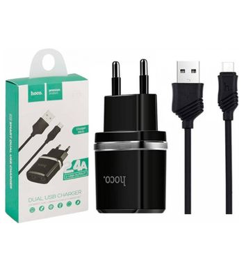 Зарядний пристрій Hoco C12 Smart 2USB 2.4A + кабель Micro USB, чорний