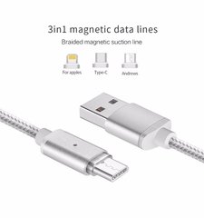 Магнітний Шнур Data кабель для зарядки 3 in1 USB Micro + iPhone5 / 6 + Type C magnetic cable тканину, Різні кольори