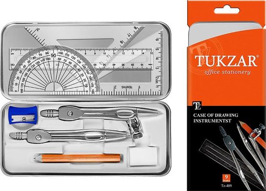 Готовальня на 9 предметов для чертежно-графических работ карандашом в металлической упаковке TUKZAR