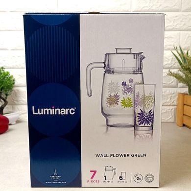Набір для напоїв Wall Flower Green 7 предметів Luminarc Q5665 глечик 1,6мл+ 6 стакан.270мл